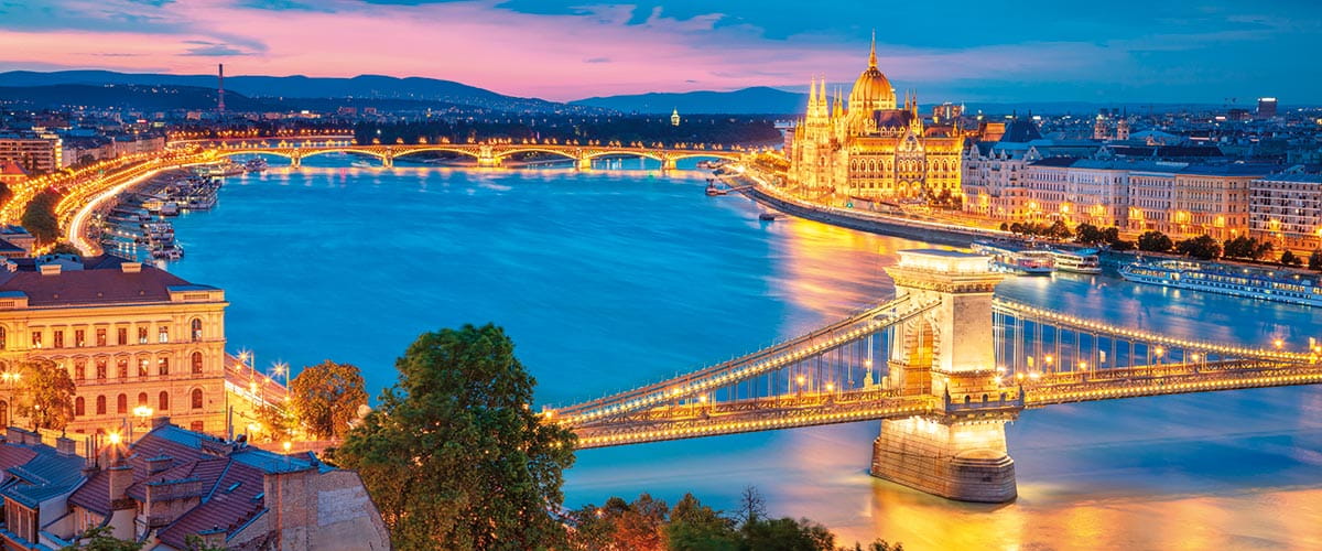 A view over Budapest illuminated at night